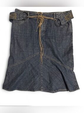 Vintage DKNY Midi Denim Skirt with Suede Fringe Embroidered Belt